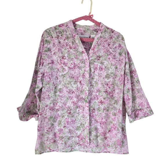 Alfred Dunner Women's Floral Print Button Up Blouse Shirt Top Size 16 Pink Green - Picture 1 of 5